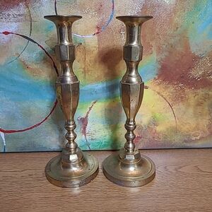 Vtg Lacquered Brass Candlesticks Paid Raj 12 Inch India Cottagecore